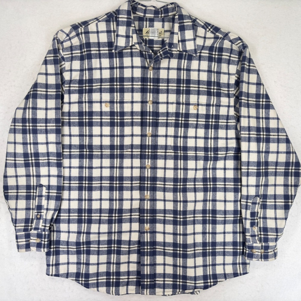 Vintage Eddie Bauer Heavy Flannel Shirt Mens Large Blue White Plaid USA L